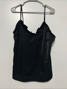 Satin Black Ruffle-Trim Spaghetti Strap Camisole - Women